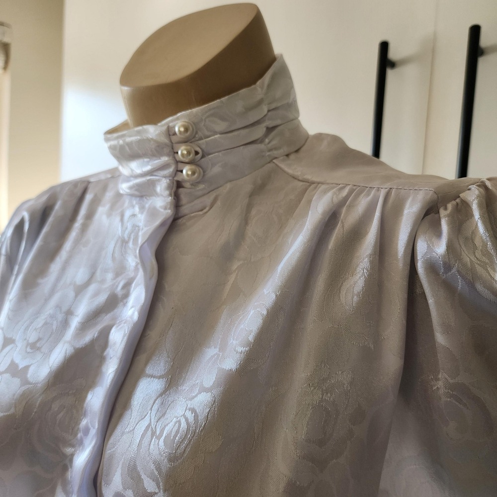 S 1980s white high neck silky blouse
